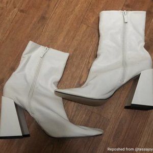 White Boohoo Block Heel Ankle Boots Size 6
